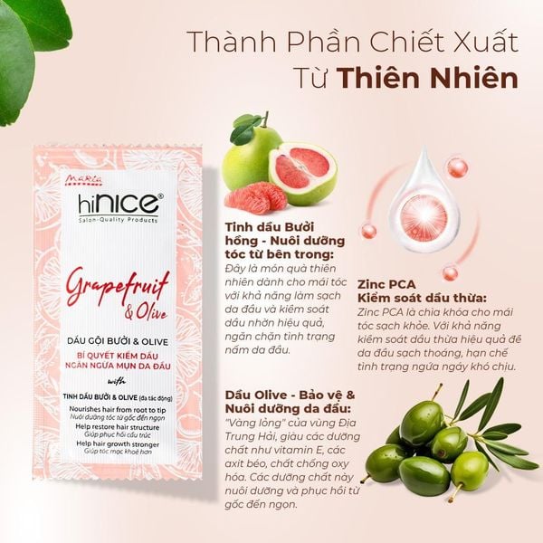 Gói Dầu Gội Tinh Dầu Bưởi Hồng Và Olive hiNICE Grapefruit & Olive Shampoo Hỗ Trợ Giảm Mụn Da Đầu
