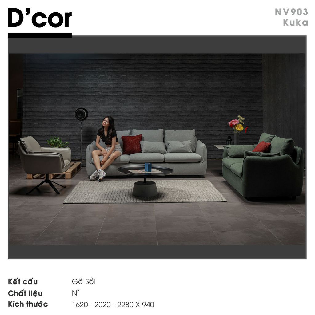 NV903 KUKA - Sofa nỉ gỗ sồi, nhập khẩu