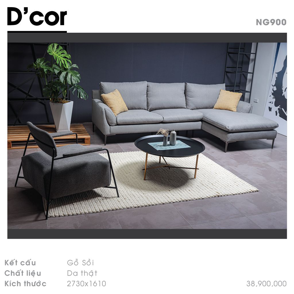 NG900 KUKA - Sofa nỉ góc gỗ sồi, nhập khẩu