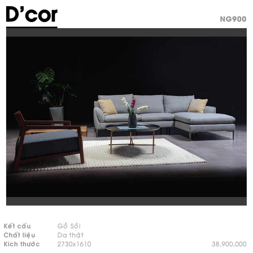 NG900 KUKA - Sofa nỉ góc gỗ sồi, nhập khẩu