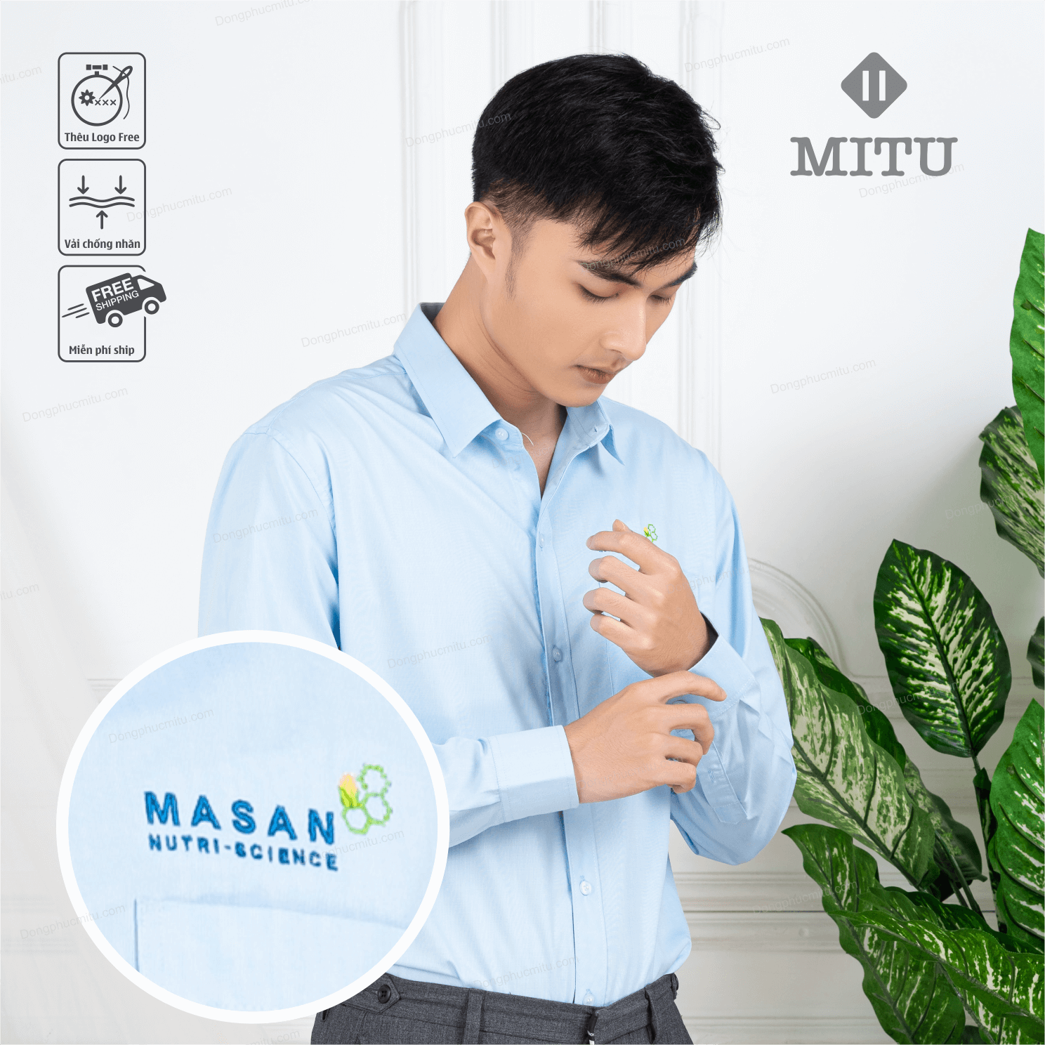  Sơ mi đồng phục masan màu xanh hòa bình 