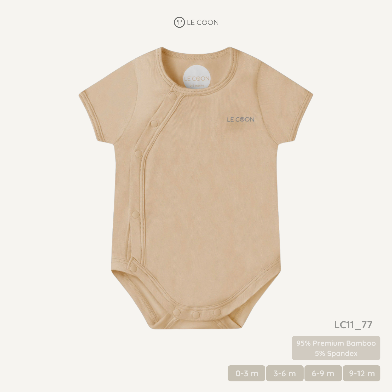  Bodysuit cúc bấm vạt chéo cộc tay - Màu Be Biscotti 
