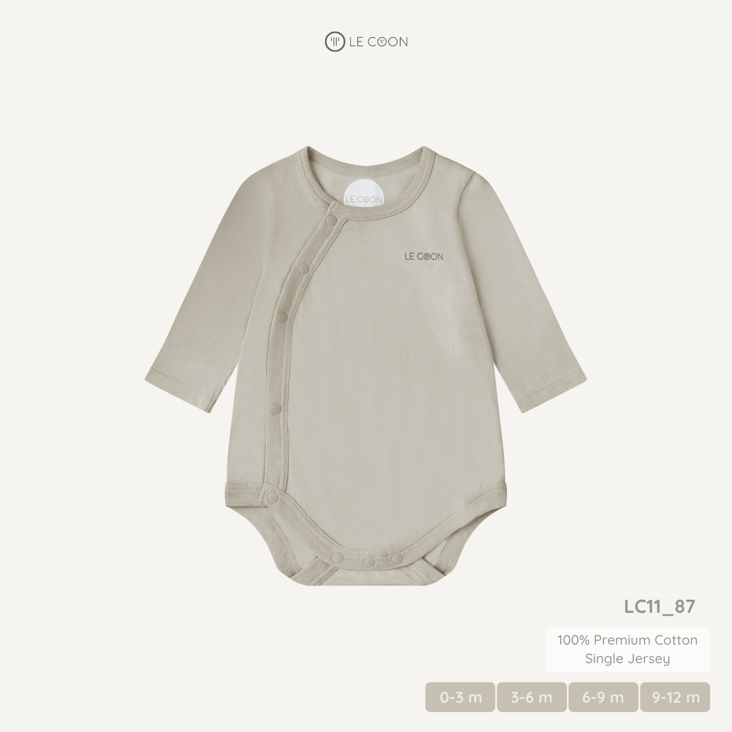  Bodysuit cúc bấm vạt chéo dài tay - Màu Be khói 