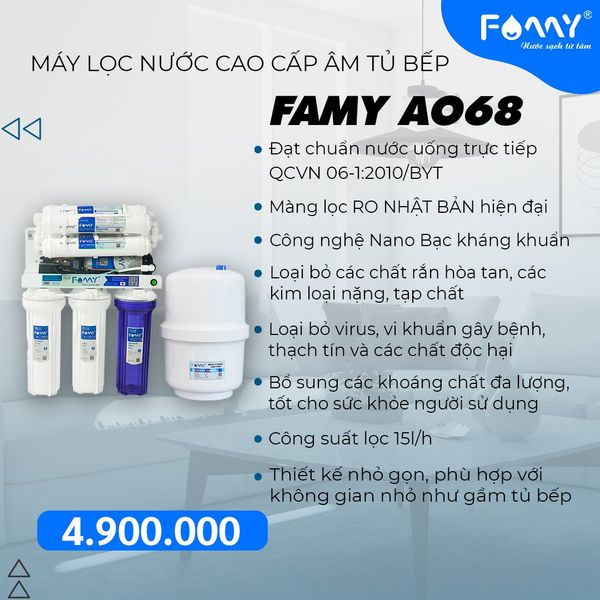 Máy Lọc Nước RO Lắp Đặt Gầm Bếp 10 Cấp Lọc Famy AO68 - Chính Hãng