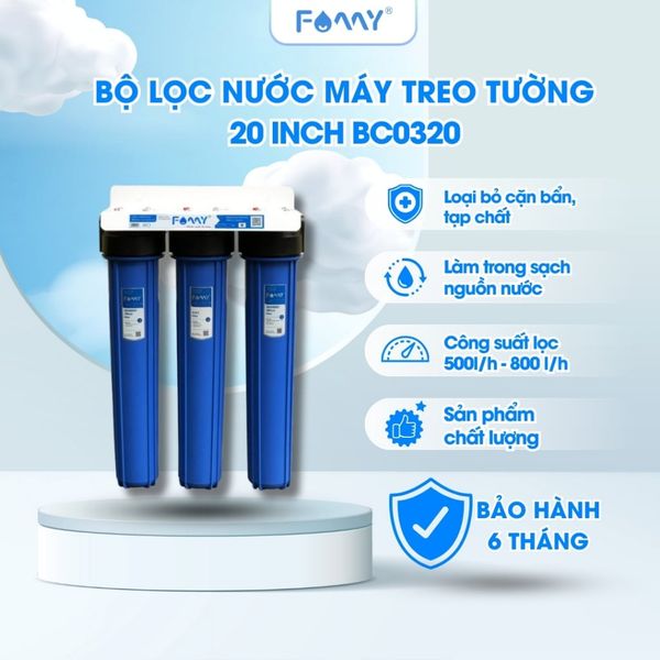 Bộ 3 Cốc Lọc Nước Famy BC0320 - Chính Hãng - 3 Cấp Lọc 20Inch - Lắp Gầm Bếp, Nhà Vệ Sinh