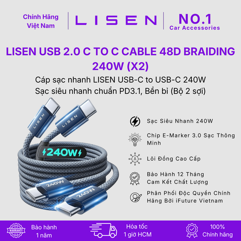 [No.1 Car Accessories] Combo 2 Cáp sạc nhanh LISEN USB-C to USB-C 240W PD3.1 – Chip E-Marker 3.0, Dây bện nylon siêu bền (Bộ 2 sợi)