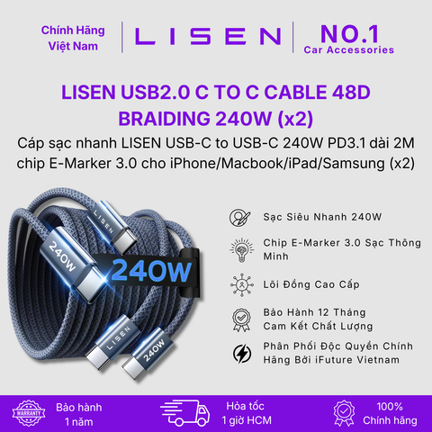 [No.1 Car Accessories]  Cáp sạc nhanh LISEN USB-C to USB-C 240W PD3.1 dài 2M chip E-Marker 3.0 cho iPhone/MacBook/iPad/Samsung ( 2 sợi)