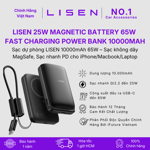 [No.1 Car Accessories] Sạc dự phòng LISEN 3in1 10000mAh 65W – Sạc không dây MagSafe, Sạc nhanh PD cho iPhone/Macbook/Laptop