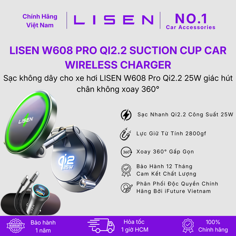 [No.1 Car Accessories] Sạc không dây cho xe hơi LISEN W608 Pro Qi2.2 25W giác hút chân không xoay 360°