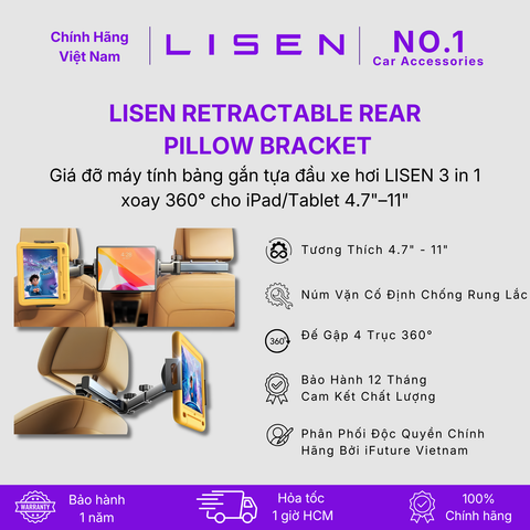 [No.1 Car Accessories] Giá đỡ máy tính bảng gắn tựa đầu xe hơi LISEN 3 in 1 xoay 360° cho iPad/Tablet 4.7–11