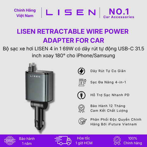 [No.1 Car Accessories] Bộ sạc xe hơi LISEN 4 in 1 69W có dây rút tự động USB-C 31.5 inch xoay 180° cho iPhone/Samsung