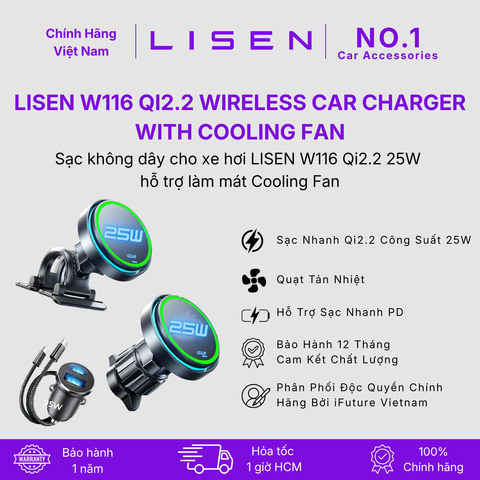 [No.1 Car Accessories] Sạc không dây cho xe hơi LISEN W116 Qi2.2 25W hỗ trợ làm mát Cooling Fan