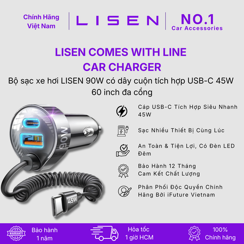 [No.1 Car Accessories]  Bộ sạc xe hơi LISEN 90W có dây cuộn tích hợp USB-C 45W 60 inch đa cổng