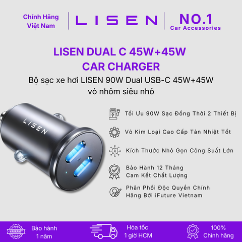 [No.1 Car Accessories] Bộ sạc xe hơi LISEN 90W Dual USB-C 45W+45W vỏ nhôm siêu nhỏ