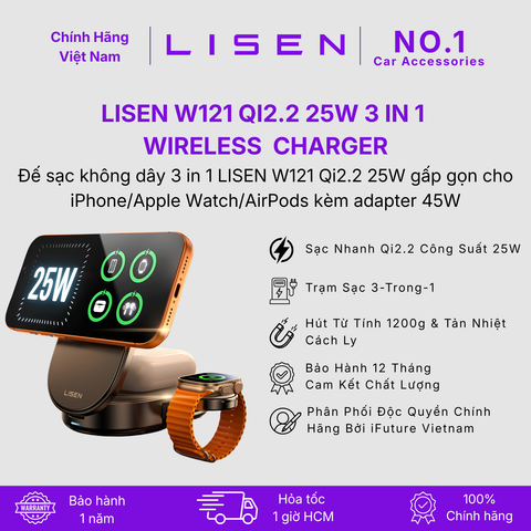 [No.1 Car Accessories] Đế sạc không dây 3 in 1 LISEN W121 Qi2.2 25W gấp gọn cho iPhone/Apple Watch/AirPods kèm adapter 45W