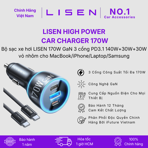 [No.1 Car Accessories] Bộ sạc xe hơi LISEN 170W GaN 3 cổng PD3.1 140W+30W+30W vỏ nhôm cho MacBook/iPhone/Laptop/Samsung