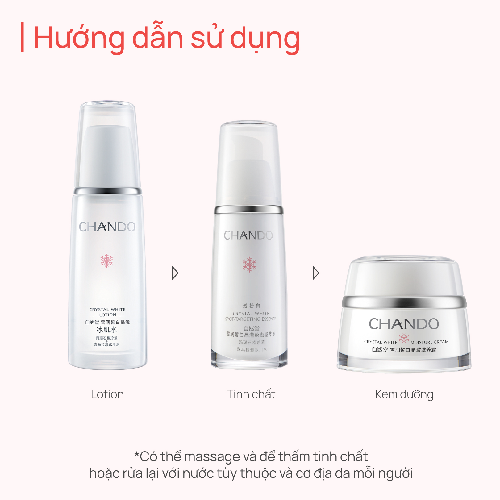 [Bộ 3 sản phẩm] Dưỡng ẩm, Dưỡng sáng, Hỗ trợ mờ thâm CHANDO Crystal White