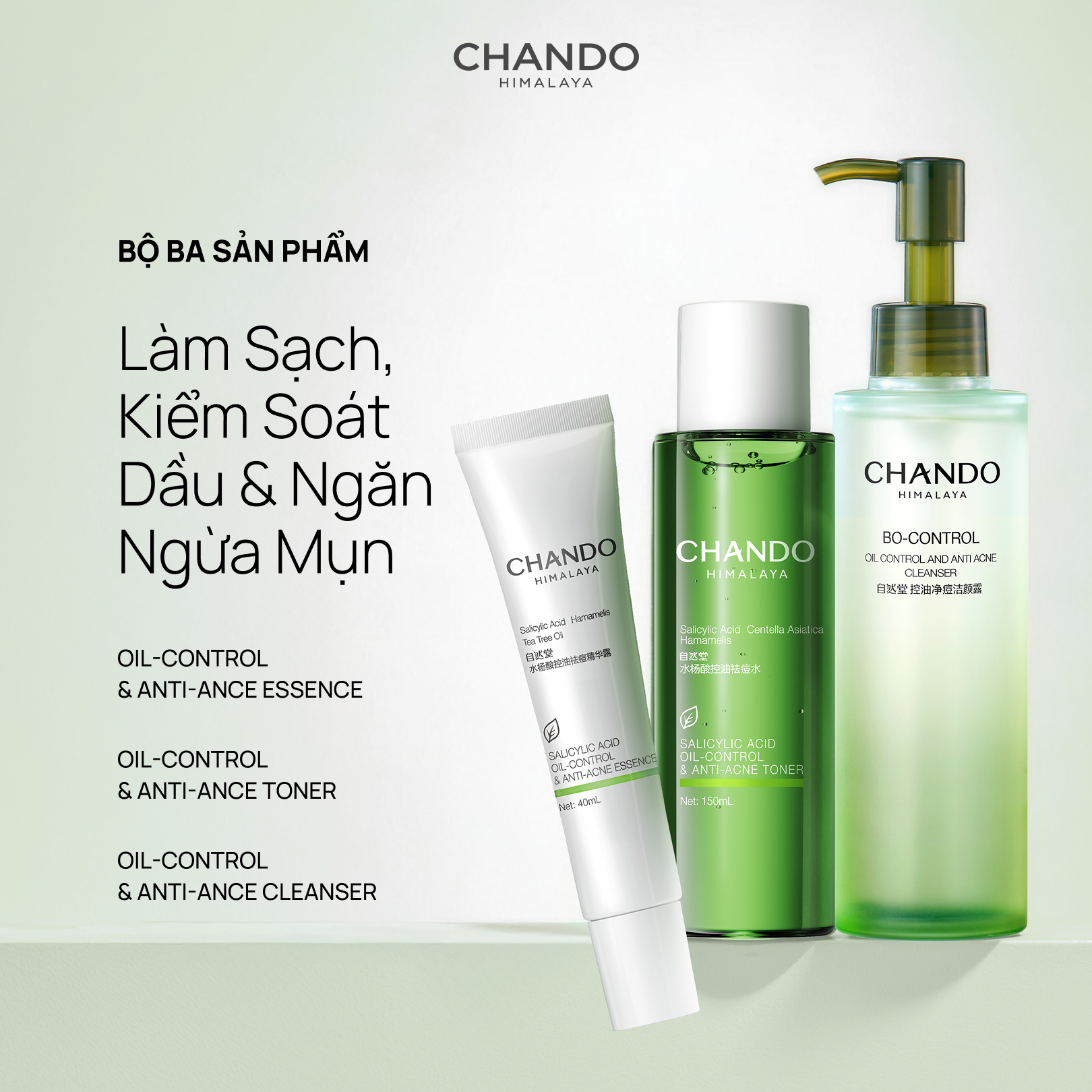 Bộ 3 sản phẩm làm sạch và kiểm soát dầu ngăn ngừa mụn CHANDO Himalaya