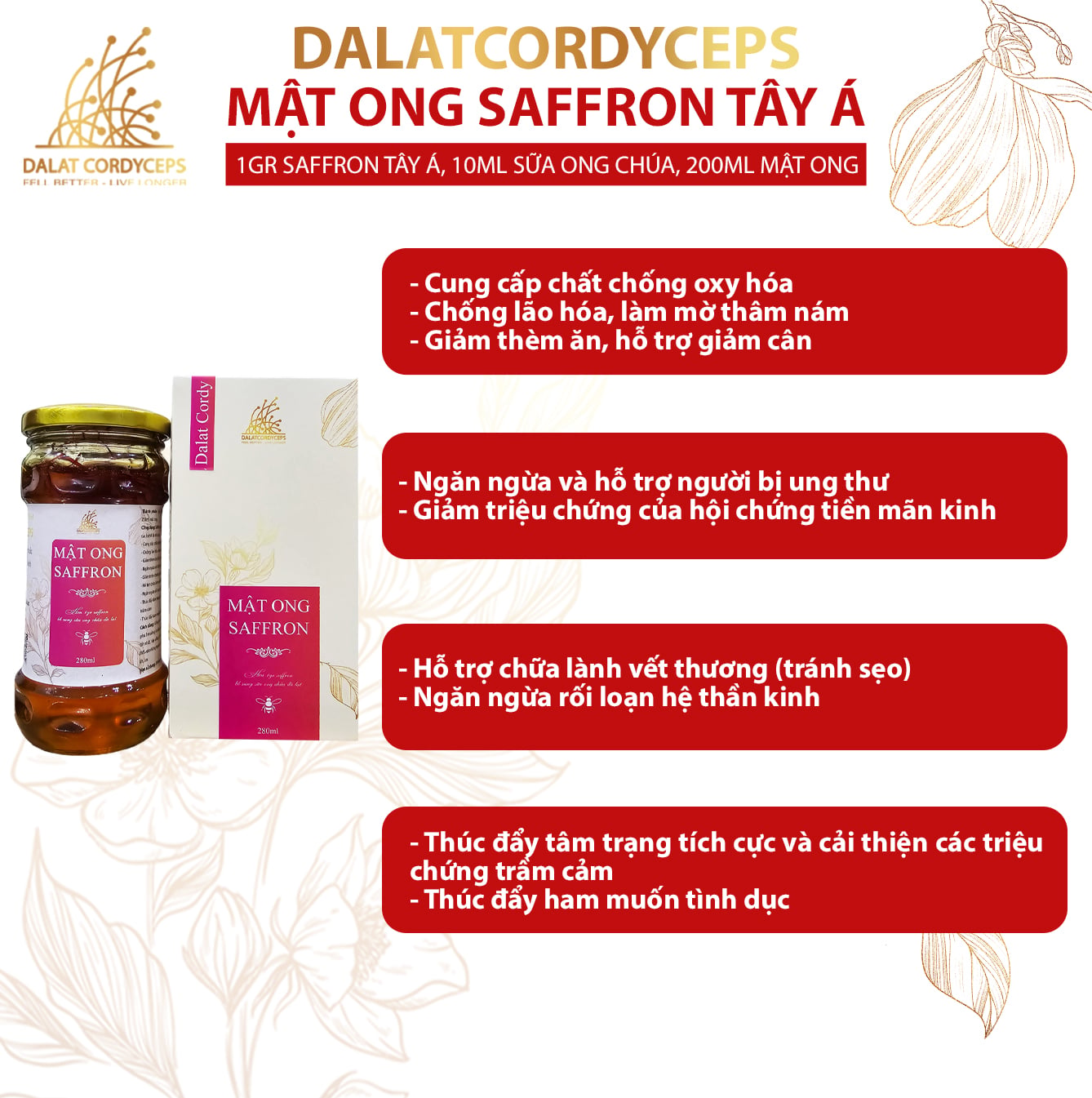 Mật ong ngâm saffron Tây á, bổ sung sữa ong chúa - Hộp cao cấp
