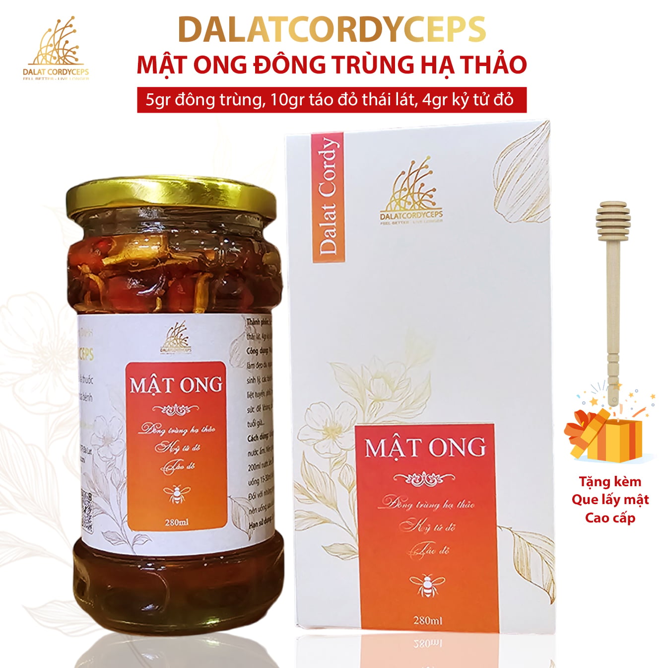 Mật ong ngâm đông trùng hạ thảo, kỷ tử đỏ, táo đỏ - Hộp cao cấp