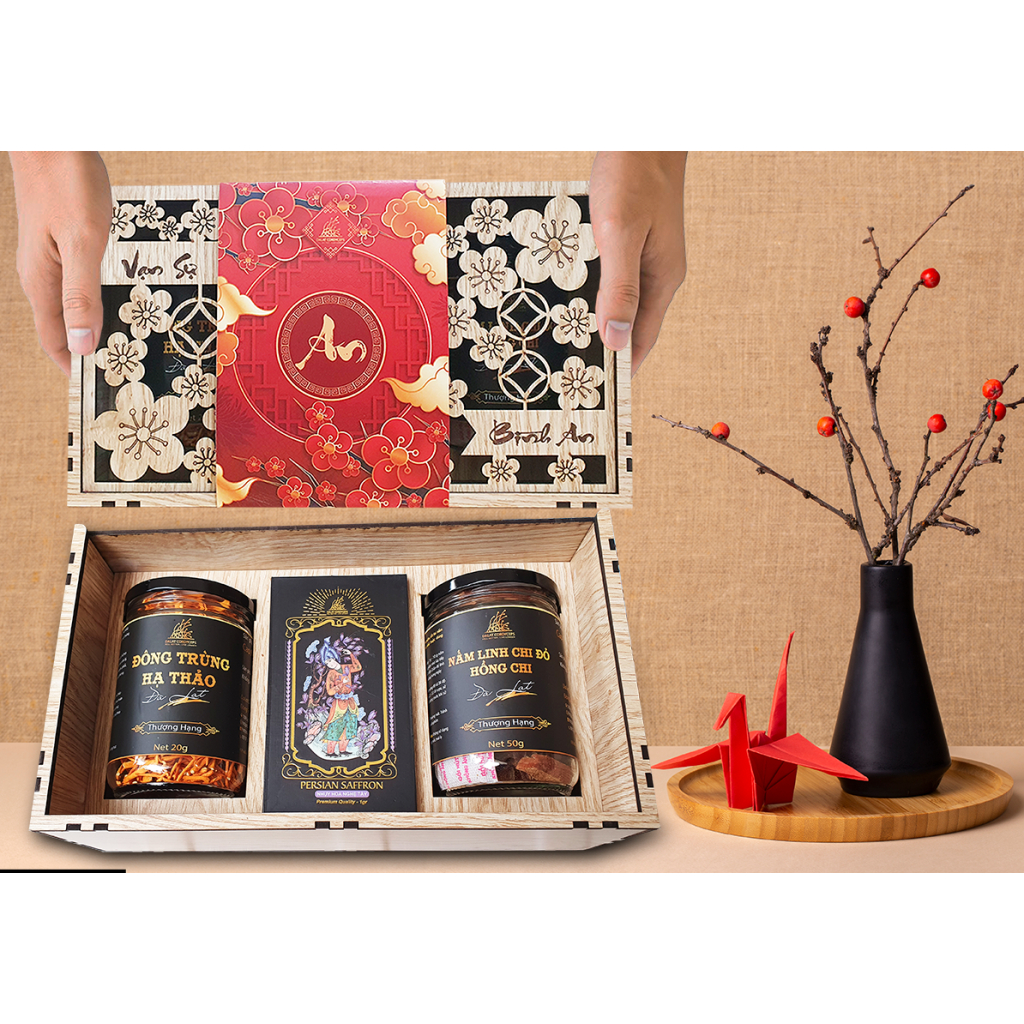 Set quà tết năm 2026 sức khoẻ Vạn An - Dalat Cordyceps - Đông trùng hạ thảo, saffron, linh chi, thảo mộc thiên nhiên