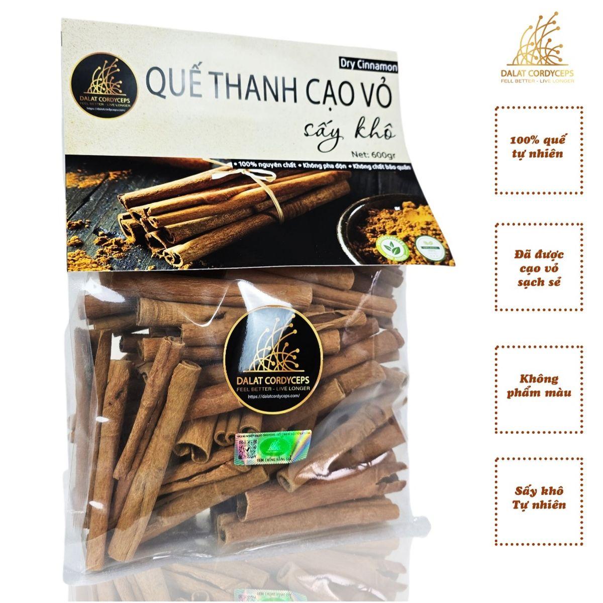 Quế thanh cạo vỏ sạch sẻ, quế điếu sấy khô - Dalat Cordyceps - túi 600gr