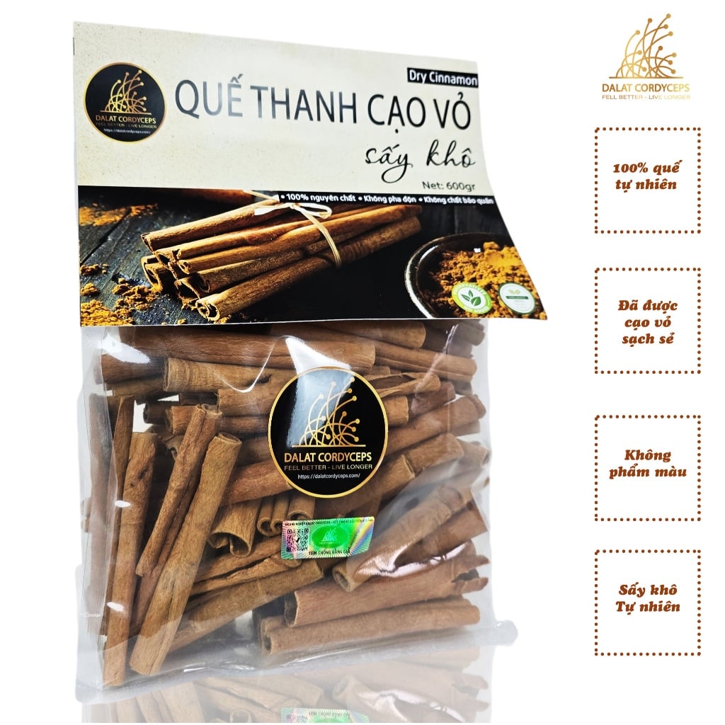 Quế thanh cạo vỏ sạch sẻ, quế điếu sấy khô Dalat Cordyceps - túi 600gr