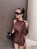  ĐẦM NÂU THUN NHŨ MỘT VAI HOA TRÀ D8212 