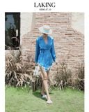  ĐẦM XANH VEST LỤA TAY DÀI VIỀN REN  Blue Silk Blazer -       D14710 