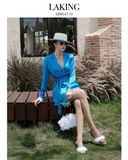  ĐẦM XANH VEST LỤA TAY DÀI VIỀN REN  Blue Silk Blazer -       D14710 
