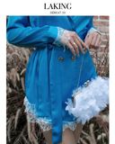 ĐẦM XANH VEST LỤA TAY DÀI VIỀN REN  Blue Silk Blazer -       D14710 