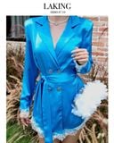  ĐẦM XANH VEST LỤA TAY DÀI VIỀN REN  Blue Silk Blazer -       D14710 