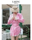  ĐẦM HỒNG VEST LỤA TAY DÀI VIỀN REN Rose Silk Blazer -       D1478 