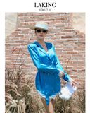  ĐẦM XANH VEST LỤA TAY DÀI VIỀN REN  Blue Silk Blazer -       D14710 