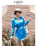  ĐẦM XANH VEST LỤA TAY DÀI VIỀN REN  Blue Silk Blazer -       D14710 