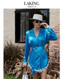  ĐẦM XANH VEST LỤA TAY DÀI VIỀN REN  Blue Silk Blazer -       D14710 