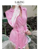  ĐẦM HỒNG VEST LỤA TAY DÀI VIỀN REN Rose Silk Blazer -       D1478 