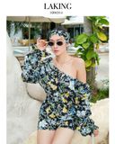  JUMPSUIT ĐEN HOA TRẮNG MOON GARDEN RESORT + DÂY TURBAN J204 