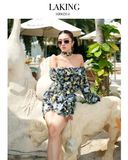  JUMPSUIT ĐEN HOA TRẮNG MOON GARDEN RESORT + DÂY TURBAN J204 
