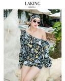  JUMPSUIT ĐEN HOA TRẮNG MOON GARDEN RESORT + DÂY TURBAN J204 