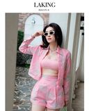  SET ÁO SƠ MI TAY DÀI + QUẦN SHORT THÊU HOA XANH + BRA HỒNG LILT A11514 