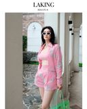  SET ÁO SƠ MI TAY DÀI + QUẦN SHORT THÊU HOA XANH + BRA HỒNG LILT A11514 