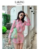  SET ÁO SƠ MI TAY DÀI + QUẦN SHORT THÊU HOA XANH + BRA HỒNG LILT A11514 