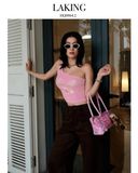  ÁO THUN HỒNG MỘT VAI IN NGỰA NHŨ VÀNG MALLOW (S728A3) 