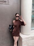  ĐẦM NÂU THUN NHŨ MỘT VAI HOA TRÀ D8212 