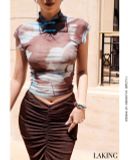  ÁO SÁT NÁCH XANH LOANG NÂU Azure Ink Cheongsam Top - S464A9 