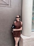  ĐẦM NÂU THUN NHŨ MỘT VAI HOA TRÀ D8212 