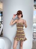  ĐẦM CARO VÀNG NÂU + HOA D7493 