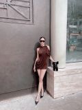  ĐẦM NÂU THUN NHŨ MỘT VAI HOA TRÀ D8212 