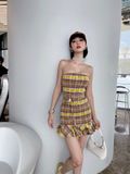  ĐẦM CARO VÀNG NÂU + HOA D7493 